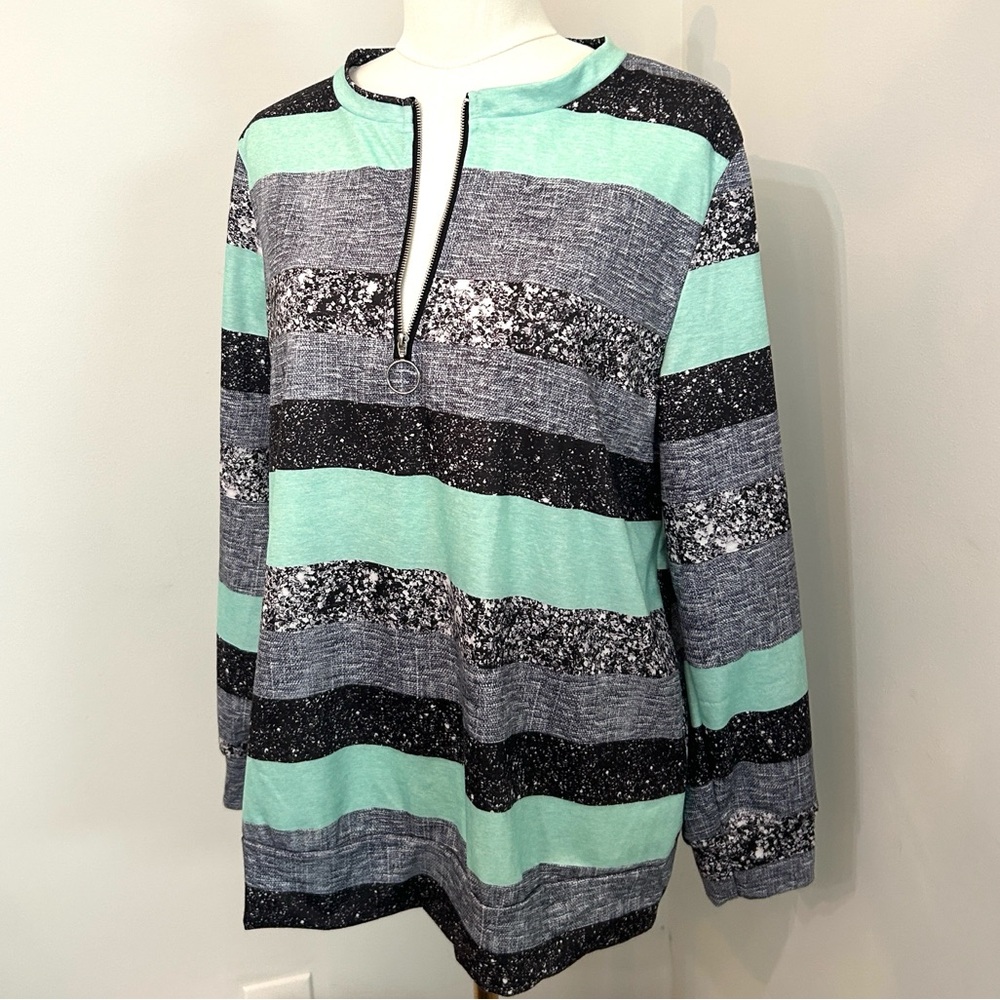 Teal & Black Stripe 1/4 Zip Pullover Shirt Long Sleeve Eye Pleasing Size Large